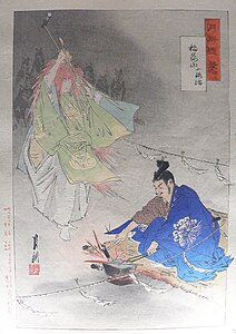 铁匠Munechika(10世纪),在一位狐狸神的帮助下(左，被小狐狸围住),锻造一把剑Ko-Gitsune Maru("小狐狸")。木版画由Ogata Gekkō绘制。