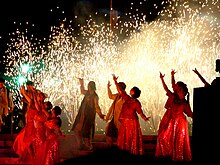 Bollywood dances usually follow or are choreographed to filmi Bollywood songs. Bollywood dance show in Bristol.jpg