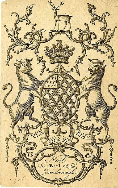 Bookplate showing the coat of arms of Noel, Earls of Gainsborough
