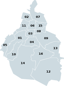 The 16 boroughs of Mexico City Boroughs of Mexican Federal District numbered.svg