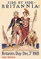 Britannia arm-in-arm with Uncle Sam symbolizes the British-American alliance in World War I
