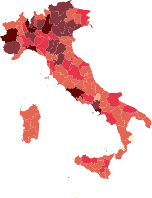 Подтверждённые случаи заражения по провинциям Италии