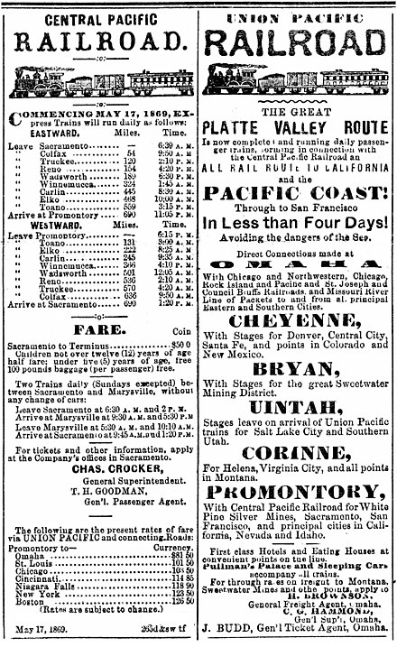 Display ads for the CPRR and UPRR the week the rails were joined on May 10, 1869