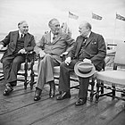 Canadian Prime Minister Mackenzie King, with President Franklin D Roosevelt, and Winston Churchill during the Quebec Conference, 18 August 1943. H32129.jpg