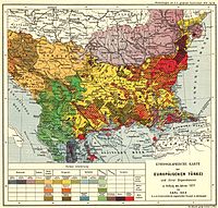 Ethnological Map of European Turkey and her Dependencies at the Time of the Beginning of the War of 1877, by Karl Sax, I. and R. Austro-Hungarian Consul at Adrianople. Published by the Imperial and Royal Geographical Society, Vienna 1878. CarlSaxET1877.jpg