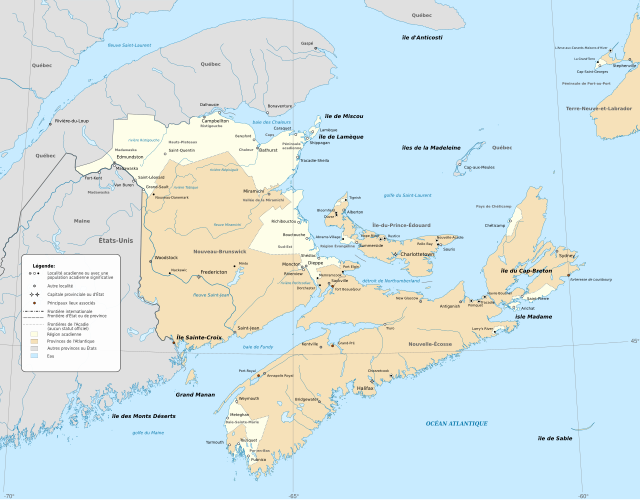 Kartta Acadiasta (vaalean keltaisella merkityt alueet)