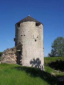 Tour circulaire en pierre blanc-gris, avec un toit conique de tuiles de Bourgogne (non colorées). Sur la gauche, attenant à la tour, les vestiges d'un mur (même type de pierre). Le terrain herbu est assez accidenté, avec un trou sur la droite, là où se trouvait le château.