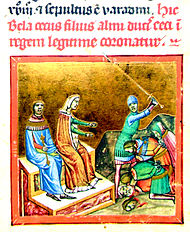 The King and the Queen sit on the throne while a soldier beheads noblemen