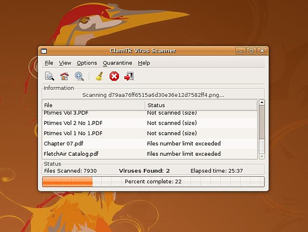 Although nearly all computer viruses only affect Microsoft Windows, antivirus software such as ClamTk (shown here) is still provided for Linux and oth