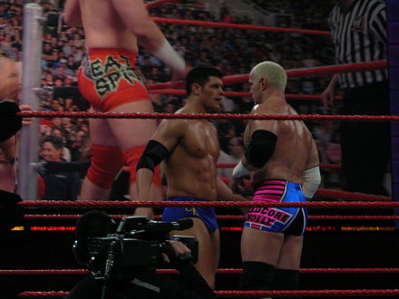Rhodes (left) with his tag team partner Hardcore Holly in February 2008