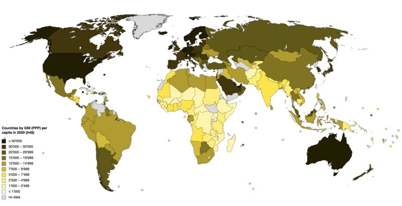 World gross national income per capita: Lower income countries tend to have a higher vulnerability to climate change.