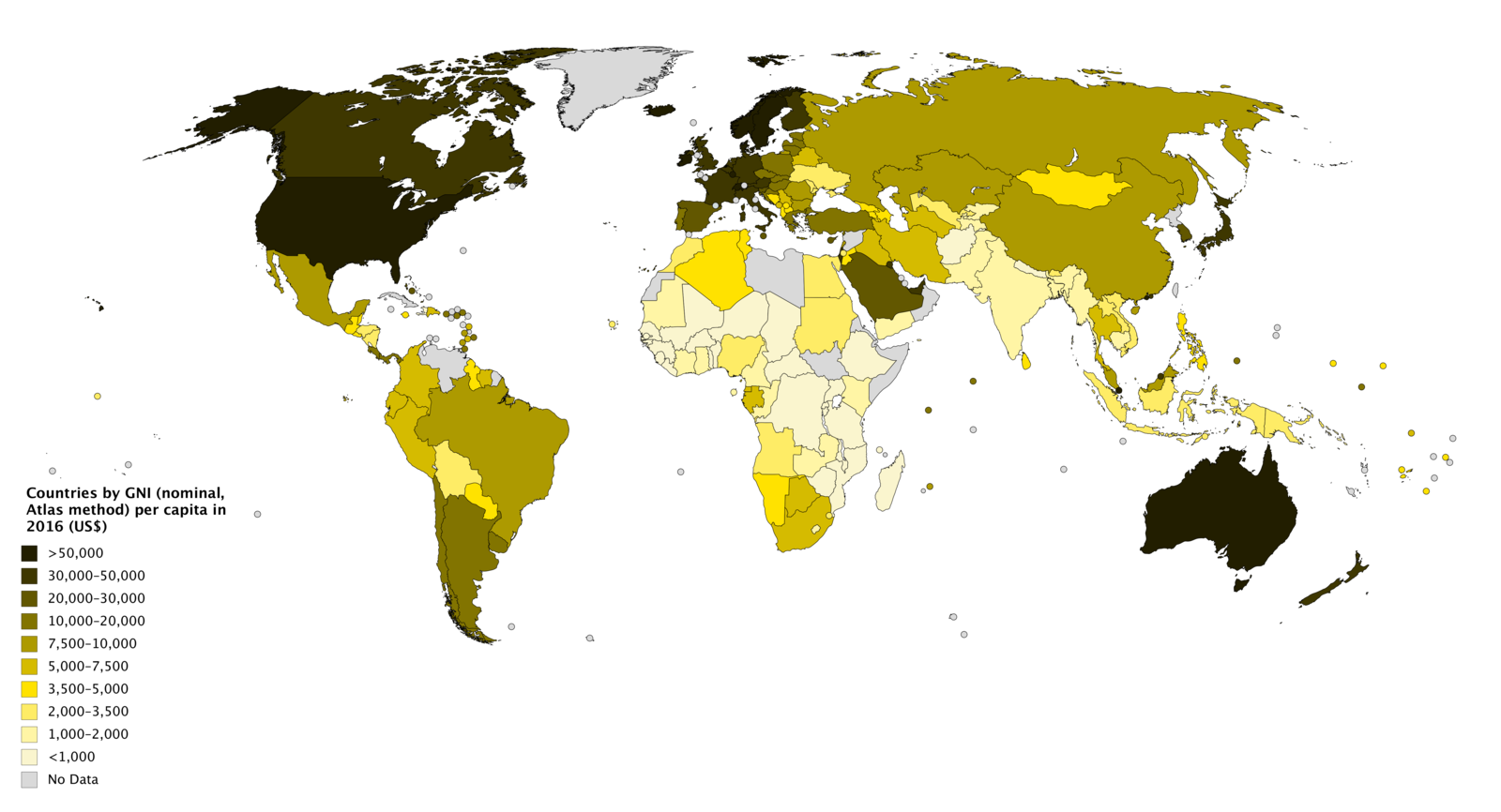 Countries by nominal GNI per capita according to the Atlas method (2016) Countries by GNI (nominal, Atlas method) per capita in 2016.png