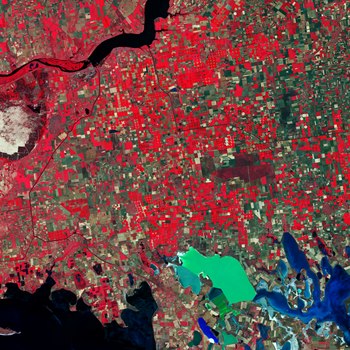 Southern Ukraine is featured in this false-colour image captured by the Copernicus Sentinel-2 mission. This image was processed in a way that included the near-infrared channel, which makes vegetation appear bright red.