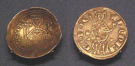 Cyprus gold bezant, derived from Byzantine design, 1218–1253 (left), and Cyprus Western-style silver gros 1285–1324 (right).