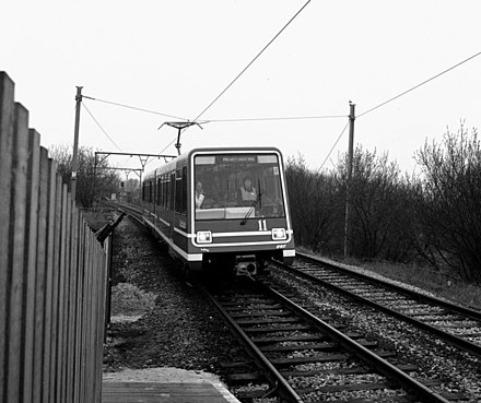 A DLR P86 stock demonstration at Debdale Park in 1987, in the lead-up to the construction of the Manchester Metrolink