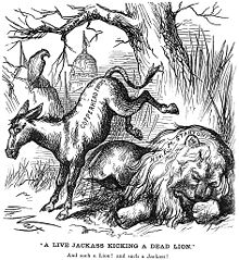 The Thomas Nast political cartoon that introduced the donkey as the mascot of the Democratic Party. Democraticjackass.jpg