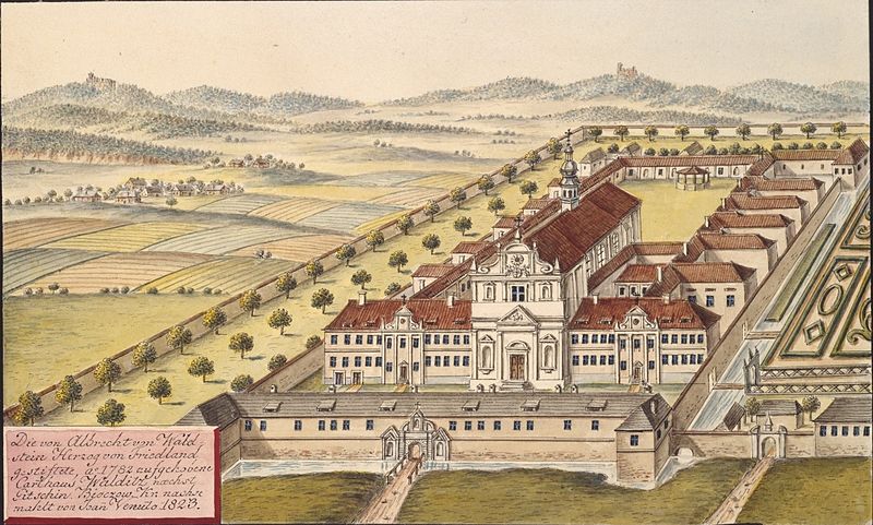 File:Die von Albrecht von Waldstein Herzog von Friedland gestiftete, Ao 1782 aufgehobene Carthaus Walditz naechst Gitschin, Bidczow. Kr. nachgemahlt von Joan Venuto 1823.jpg