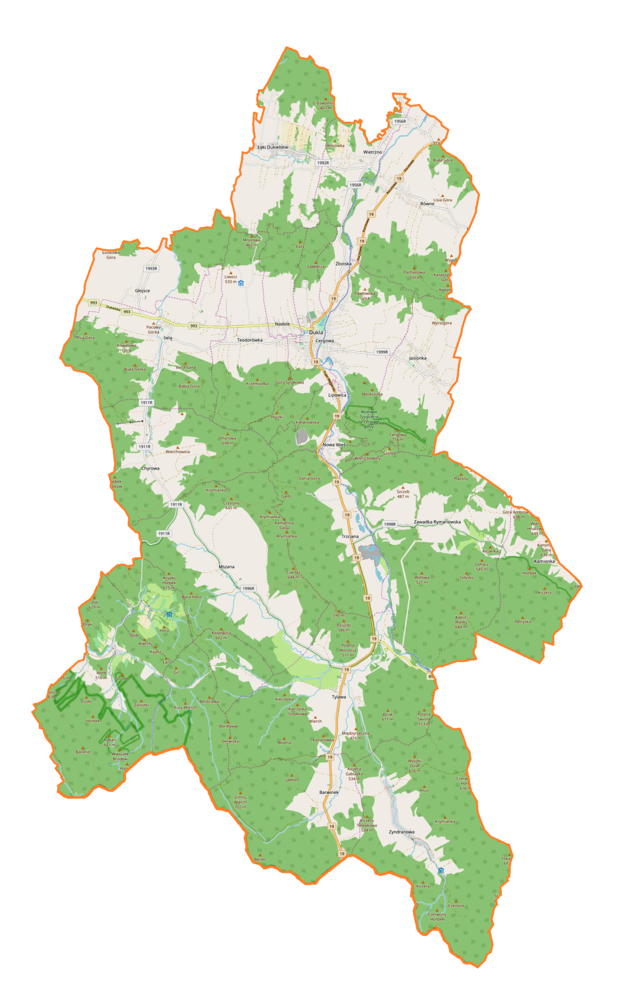 Mapa konturowa gminy Dukla, blisko centrum na prawo znajduje się punkt z opisem „Zawadka Rymanowska, cerkiew”