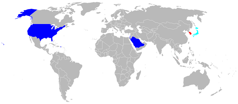 Current operators of the F-15 Eagle shown in cyan, and F-15E Strike Eagle in red. Operators of both versions in dark blue.