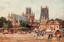 Acuarela The Market Place, Ely de WW Collins, publicada en 1908, que muestra el aspecto noreste de la catedral de Ely al fondo con la Almonry al frente y el edificio de la bolsa de maíz ahora demolido a la derecha de la imagen.
