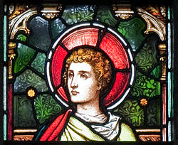 Enniscorthy St. Aidan's Cathedral East Aisle Second Window Evangelist John Detail 2009 09 28.jpg