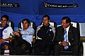 Enrique Maximiliano Meza [2nd from right] on the bench with his distinguished coach father: Enrique Meza [first right] during a football game