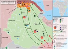 Map illustrating the Ethiopian civil conflict as of 2022; included are al-Shabaab attacks, the Tigray War zone, and the redeployment of federal troops from the southeast to the north. Ethiopia overall conflcit map 2020s.png