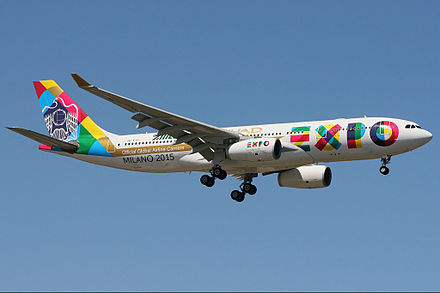 An Etihad Airbus A330 aircraft, A6-EYH, in Expo 2015 and Alitalia livery
