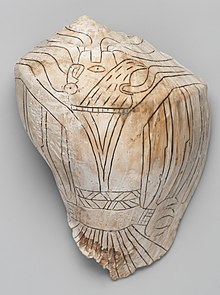 Engraved whelk shell from Spiro Mounds depicting a falcon warrior Falcon warrior Spiro Brooklyn.jpg