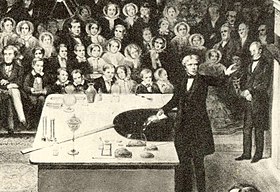 Michael Faraday delivering one of the British Royal Institution Christmas Lectures in 1856. Faraday xmas detail.jpg