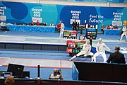 Deutsch: Fechten bei den Olympischen Jugend-Sommerspielen 2018: Tag 1, 7. Oktober 2018, Jungen, Säbel, Viertelfinale - Hibiki Kato (JPN) - Hyun Jun (KOR) 12:15 English: Fencing at the 2018 Summer Youth Olympics at 7 October 2018 – Boys' sabre Quarterfinals – Hibiki Kato (JPN) Vs Hyun Jun (KOR) 12:15