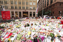 Bouquets in Martin Place following the 2014 Sydney hostage crisis Field of flowers, Martin Place, Sydney.jpg