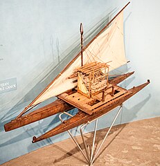 Image 43Model of a Fijian drua, an example of an Austronesian vessel with a double-canoe (catamaran) hull and a crab claw sail (from Pacific Ocean)