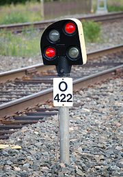 A dwarf signal showing the Stop aspect Finnish railway dwarf signal.jpg