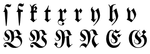Frakturbokstaver som er lett å forveksle: lang s med f, k med t, x med r, y med h og v, B med V, R med N og E med G.