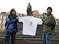 Shirt with Czech Wikipedians in front of the Jan Hus Memorial at Old Town Square, Prague