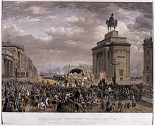 Wellesley's funeral procession passing Wellington Arch and Apsley House Funeral of the Duke of Wellington. The funeral car passing the archway at Apsley House, 18 November 1852 22931.jpg