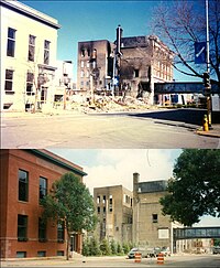 A before and after view of a building that caught fire in downtown Grand Forks during the 1997 Red River flood. GF1997firebeforeafter.jpg