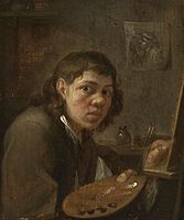 Self-Portrait in the Studio . Circa 1645 date QS:P,+1645-00-00T00:00:00Z/9,P1480,Q5727902 . oil on panelmedium QS:P186,Q296955;P186,Q106857709,P518,Q861259. 10.8 × 8.9 cm (4.2 × 3.5 in). Washington, D.C., National Gallery of Art. .