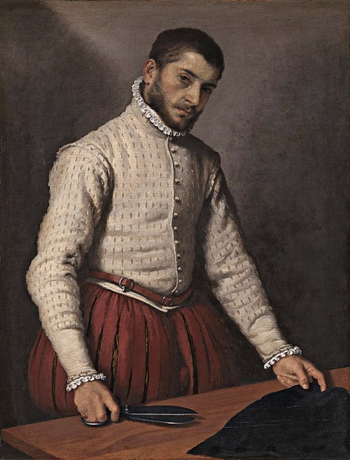 The unidentified tailor in Giovanni Battista Moroni's famous portrait of c. 1570 is in doublet and lined and stuffed ("bombasted") hose.