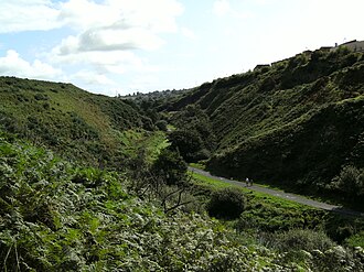 Looking eastwards at The Glen valley in 'Glen River Park'. The Glen River (obscured by foliage from this angle) runs parallel to the left of the footpath. Glen Valley, The Glen, Cork city.jpg