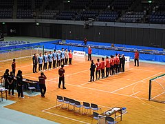China and Iran men's teams lined-up for the introductions before the start of the game.  Regional championships, Chiba, Japan (2019).