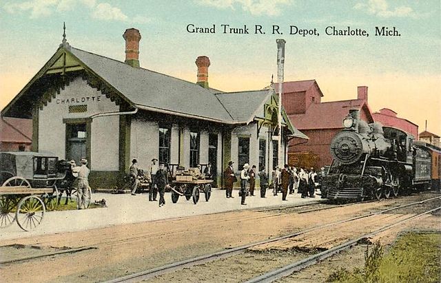 A 1912 postcard of the Grand Trunk Depot at Charlotte, Michigan built in 1885 by GTW predecessor Chicago and Grand Trunk Railroad