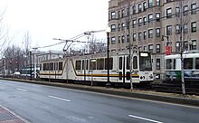 Rerailer car #3417 on the MBTA Green Line E branch in 2007 Green Line maintenance tram.jpg