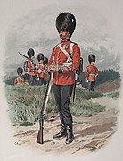 1889年。1850年代に行われた服装改訂後のグレナディアガーズの将校と兵士。擲弾兵中隊と一般中隊の区別が無くなっている。