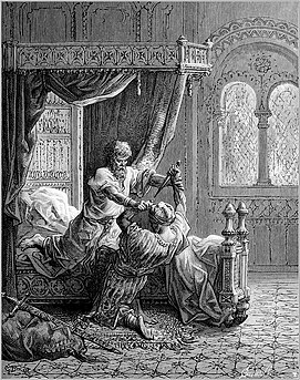 Litografia do século XIX de Gustave Dore prevê uma tentativa de assassinato ao rei Eduardo I da Inglaterra por um assassino da ordem, enviado pelo sultão Mamluck Baibars.