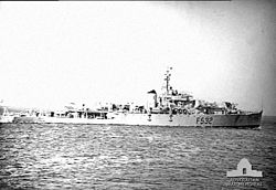 A River-class frigate, HMAS Macquarie (K532) circa 1952. HMAS Macquarie AWM 300973.jpeg