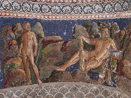 Hércules e seu sobrinho, ajudante e eromenos, Iolau. Mosaico do século I, do ninfeu de Âncio, Roma