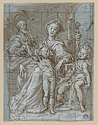 Святое Семейство с младенцем Иоанном Крестителем. 1590—1592. Синяя бумага, перо, коричневая тушь, чёрный мел, белила. Метрополитен-музей, Нью-Йорк