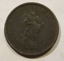 1805 Irish penny, bearing George III's portrait. IRELAND, GEORGE III, 1805 -ONE PENNY b - Flickr - woody1778a.jpg